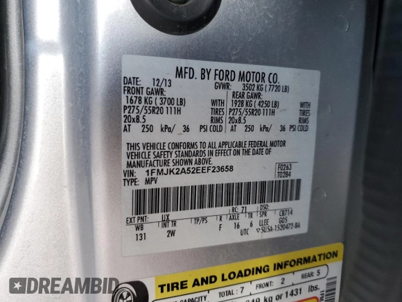 2014 Ford Expedition Max Limited with VIN 1FMJK2A52EEF23658, listed as a Copart auction lot 55168955 with 67,714 mi miles and Salvage Title. Bid and sale history available at DreamBid. Image 13.