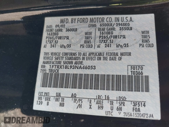 2003 Ford F-150 XL with VIN 1FTRX18L93NA46053, listed as a IAAI auction lot 42003621 with 237,000 mi miles. Bid and sale history available at carsss.com. Image 9.