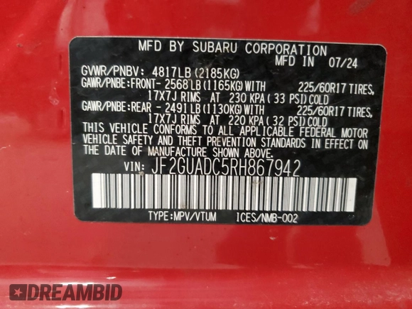 2024 Subaru Crosstrek Premium with VIN JF2GUADC5RH867942, listed as a Copart auction lot 58261755 with Not provided miles and Non repairable. Bid and sale history available at DreamBid. Image 13.