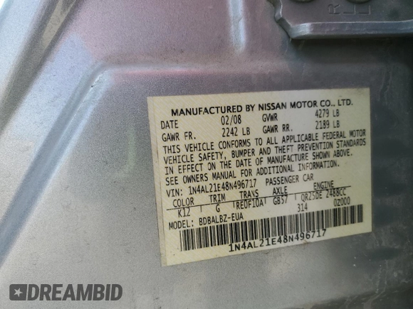 2008 Nissan Altima 2.5 SL with VIN 1N4AL21E48N496717, listed as a Copart auction lot 51139445 with 91,124 mi miles and Salvage Title. Bid and sale history available at carsss.com. Image 15.