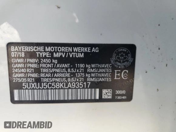 2019 BMW X4 M40i with VIN 5UXUJ5C58KLA93517, listed as a Copart auction lot 51622125 with 127,828 mi miles and Salvage title. Bid and sale history available at DreamBid. Image 14.