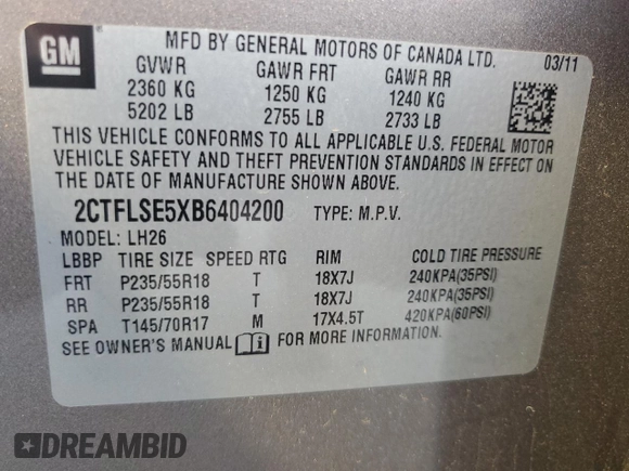 2011 GMC Terrain SLE-2 with VIN 2CTFLSE5XB6404200, listed as a Copart auction lot 56416025 with 120,028 mi miles and Salvage title. Bid and sale history available at DreamBid. Image 12.