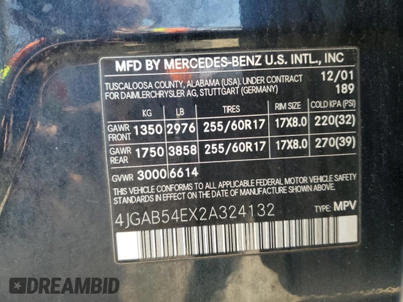 2002 Mercedes-Benz M 320/430/500 z VIN 4JGAB54EX2A324132, wystawiony jako Copart lot #48640075 z przebiegiem Nie podano mil oraz Nie do naprawy • Non repairable. Historia ofert i sprzedaży dostępna na DreamBid. Obrazek 14.