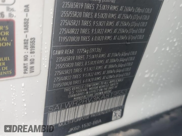 2019 Land Rover Range Rover Sport HSE with VIN SALWR2RV3KA819553, listed as a Copart auction lot 56620295 with 86,285 mi miles and Salvage Title. Bid and sale history available at DreamBid. Image 15.