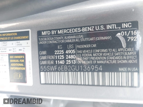 2016 Mercedes-Benz C 450 AMG with VIN 55SWF6EB2GU136954, listed as a IAAI auction lot 42174534 with 163,818 mi miles and . Bid and sale history available at DreamBid. Image 9.