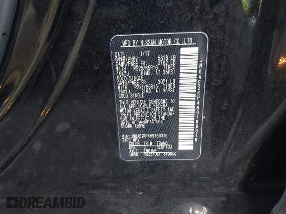 2017 Nissan Quest SV with VIN JN8AE2KP4H9169316, listed as a IAAI auction lot 41327568 with 152,469 mi miles. Bid and sale history available at carsss.com. Image 9.