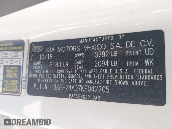 2019 Kia Forte LXS z VIN 3KPF24AD7KE042205, wystawiony jako IAAI lot #41895139 z przebiegiem 98 183 mil mil oraz . Historia ofert i sprzedaży dostępna na DreamBid. Obrazek 9.