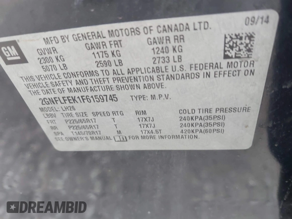 2015 Chevrolet Equinox LT with VIN 2GNFLFEK1F6159745, listed as a IAAI auction lot 41232391 with 122,635 mi miles and . Bid and sale history available at DreamBid. Image 9.