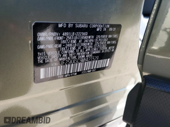 2021 Subaru Forester Limited with VIN JF2SKASC9MH421529, listed as a Copart auction lot 49187315 with 50,646 mi miles and Salvage Title. Bid and sale history available at carsss.com. Image 13.