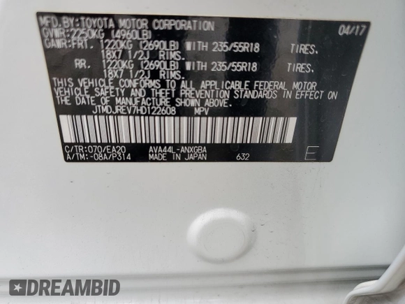 2017 Toyota RAV4 Hybrid Limited with VIN JTMDJREV7HD122608, listed as a Copart auction lot 47960945 with 71,140 mi miles and Salvage Title. Bid and sale history available at carsss.com. Image 14.