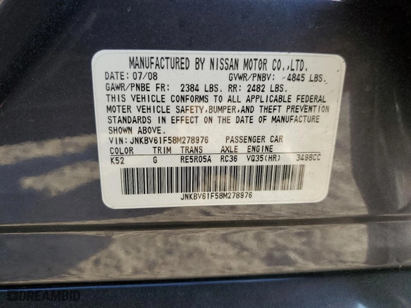 2008 Infiniti G35 Sedan x with VIN JNKBV61F58M278976, listed as a Copart auction lot 47218485 with 0 mi miles and Salvage Title. Bid and sale history available at carsss.com. Image 13.