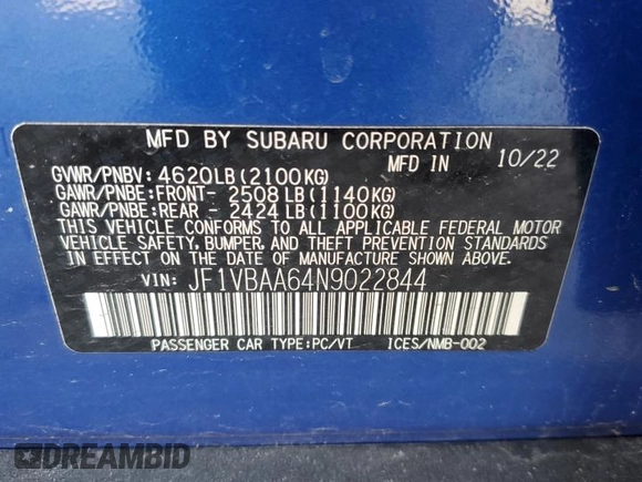 2022 Subaru WRX с VIN JF1VBAA64N9022844, выставлен на аукционе Copart как лот 54006935 с пробегом 75 309 миль миль и Списание • Salvage title. История ставок и продаж доступна на DreamBid. Изображение 13.