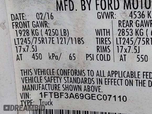 2016 Ford F-350 XL with VIN 1FTBF3A69GEC07110, listed as a IAAI auction lot 41930376 with 179,216 mi miles and . Bid and sale history available at DreamBid. Image 9.