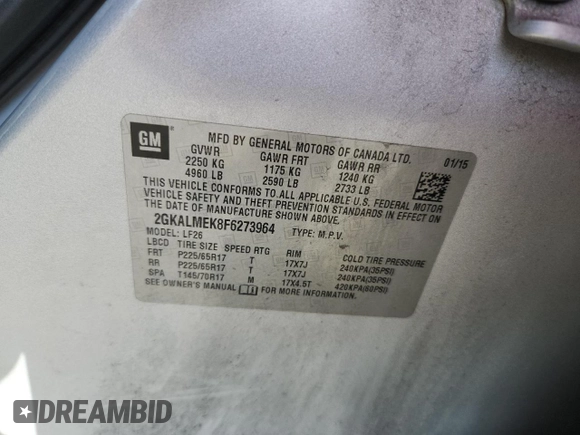 2015 GMC Terrain SLE with VIN 2GKALMEK8F6273964, listed as a Copart auction lot 59935415 with 118,244 mi miles and Clean title. Bid and sale history available at DreamBid. Image 12.