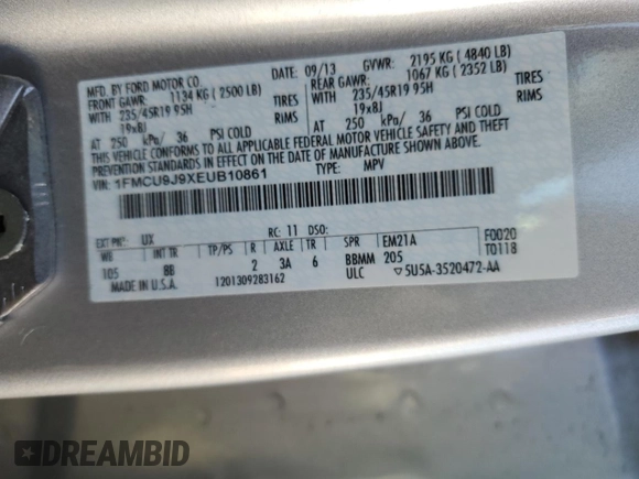 2014 Ford Escape Titanium with VIN 1FMCU9J9XEUB10861, listed as a Copart auction lot 50766115 with 134,469 mi miles and Salvage Title. Bid and sale history available at DreamBid. Image 13.