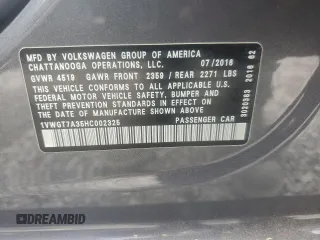 2017 Volkswagen Passat SE with VIN 1VWGT7A35HC002325, listed as a Copart auction lot 57383065 with 39,016 mi miles and Salvage title. Bid and sale history available at DreamBid. Image 12.
