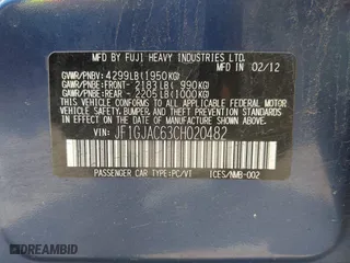 2012 Subaru Impreza Sedan 2.0i Premium with VIN JF1GJAC63CH020482, listed as a IAAI auction lot 42051003 with 169,070 mi miles. Bid and sale history available at carsss.com. Image 9.