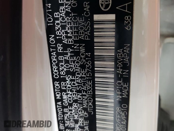 2014 Toyota Prius One with VIN JTDKDTB35E1573614, listed as a Copart auction lot 52368665 with 207,316 mi miles and Salvage Title. Bid and sale history available at DreamBid. Image 13.