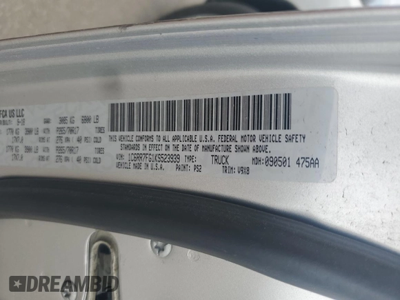 2019 Ram 1500 Tradesman с VIN 1C6RR7FG1KS523939, выставлен на аукционе Copart как лот 54129655 с пробегом 279 671 миль миль и Чистый • Clean title. История ставок и продаж доступна на DreamBid. Изображение 12.