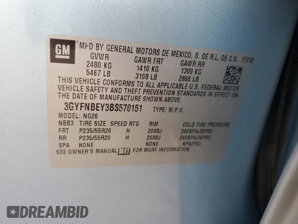 2011 Cadillac SRX Performance Collection with VIN 3GYFNBEY3BS570151, listed as a Copart auction lot 48985445 with 68,584 mi miles and Salvage Title. Bid and sale history available at carsss.com. Image 14.