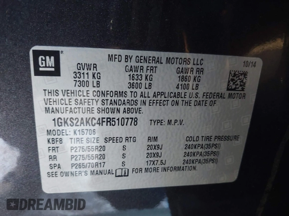 2015 GMC Yukon SLE with VIN 1GKS2AKC4FR510778, listed as a IAAI auction lot 41345528 with 159,760 mi miles. Bid and sale history available at carsss.com. Image 9.