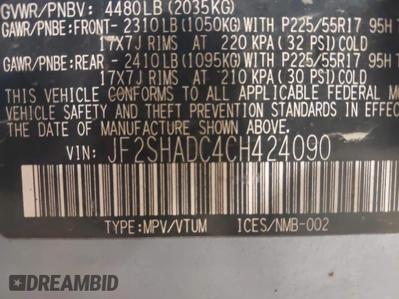 2012 Subaru Forester X Premium with VIN JF2SHADC4CH424090, listed as a IAAI auction lot 42569844 with 195,808 mi miles and . Bid and sale history available at DreamBid. Image 9.