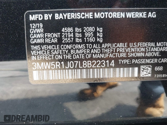 2020 BMW 3 Series 330i with VIN 3MW5R1J07L8B22314, listed as a IAAI auction lot 41867745 with 86,681 mi miles. Bid and sale history available at carsss.com. Image 9.