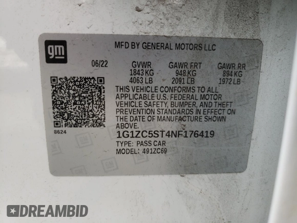 2022 Chevrolet Malibu LS with VIN 1G1ZC5ST4NF176419, listed as a Copart auction lot 45702185 with 74,782 mi miles and Salvage Title. Bid and sale history available at DreamBid. Image 12.