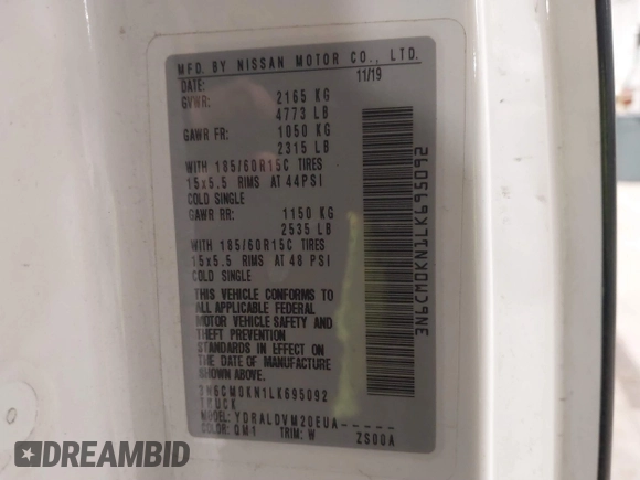 2020 Nissan NV200 S with VIN 3N6CM0KN1LK695092, listed as a IAAI auction lot 41625573 with 59,958 mi miles and . Bid and sale history available at DreamBid. Image 9.