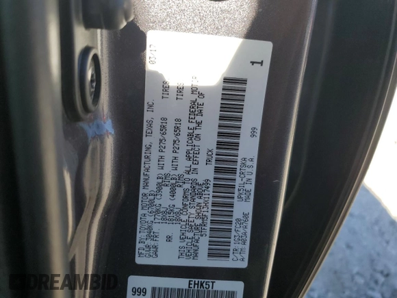 2017 Toyota Tundra 2WD SR with VIN 5TFRM5F13HX117499, listed as a Copart auction lot 75630654 with 173,852 mi miles and Salvage Title. Bid and sale history available at carsss.com. Image 12.