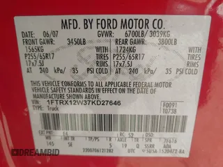 2007 Ford F-150 STX with VIN 1FTRX12W37KD27646, listed as a IAAI auction lot 42259231 with 186,713 mi miles and . Bid and sale history available at DreamBid. Image 9.