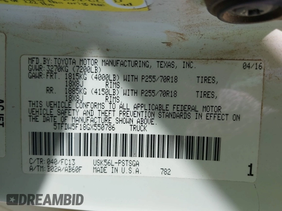 2016 Toyota Tundra SR5 z VIN 5TFDW5F18GX550786, wystawiony jako IAAI lot #42055381 z przebiegiem 168 815 mil mil oraz . Historia ofert i sprzedaży dostępna na DreamBid. Obrazek 9.