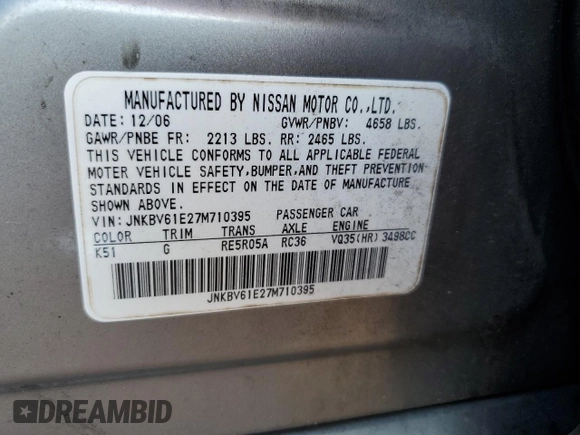 2007 Infiniti G35 Journey with VIN JNKBV61E27M710395, listed as a Copart auction lot 77011944 with 219,570 mi miles and Non Repairable. Bid and sale history available at DreamBid. Image 12.
