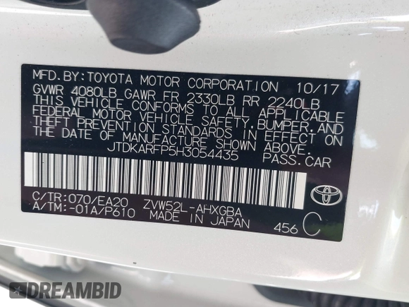 2017 Toyota Prius Plus z VIN JTDKARFP5H3054435, wystawiony jako IAAI lot #42316988 z przebiegiem 82 036 mil mil oraz . Historia ofert i sprzedaży dostępna na DreamBid. Obrazek 9.