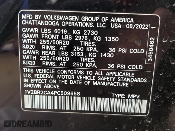 2023 Volkswagen Atlas SEL with VIN 1V2BR2CA4PC509658, listed as a Copart auction lot 53469315 with 33,351 mi miles and Salvage title. Bid and sale history available at DreamBid. Image 13.