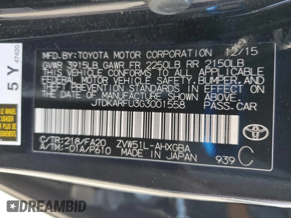 2016 Toyota Prius Four with VIN JTDKARFU3G3001558, listed as a Copart auction lot 55352245 with 81,648 mi miles and Salvage Title. Bid and sale history available at DreamBid. Image 12.