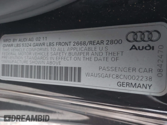 2012 Audi A7 Premium Plus with VIN WAUSGAFC8CN002238, listed as a IAAI auction lot 40278325 with 97,544 mi miles and . Bid and sale history available at DreamBid. Image 9.