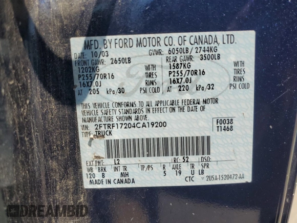2004 Ford F-150 XL с VIN 2FTRF17204CA19200, выставлен на аукционе Copart как лот 55040633 с пробегом Не указан миль и Списание • Salvage title. История ставок и продаж доступна на DreamBid. Изображение 12.