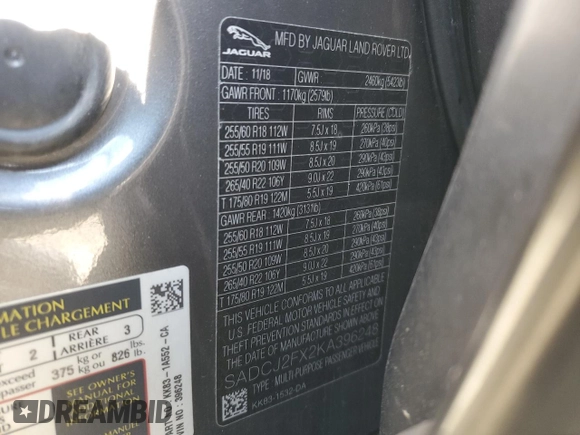 2019 Jaguar F-Pace 25t Premium с VIN SADCJ2FX2KA396248, выставлен на аукционе Copart как лот 43363835 с пробегом 96 282 миль миль и Списание • Salvage title. История ставок и продаж доступна на DreamBid. Изображение 13.