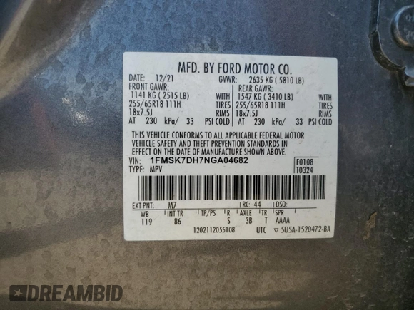 2022 Ford Explorer XLT with VIN 1FMSK7DH7NGA04682, listed as a Copart auction lot 58146245 with 66,447 mi miles and Salvage title. Bid and sale history available at DreamBid. Image 13.