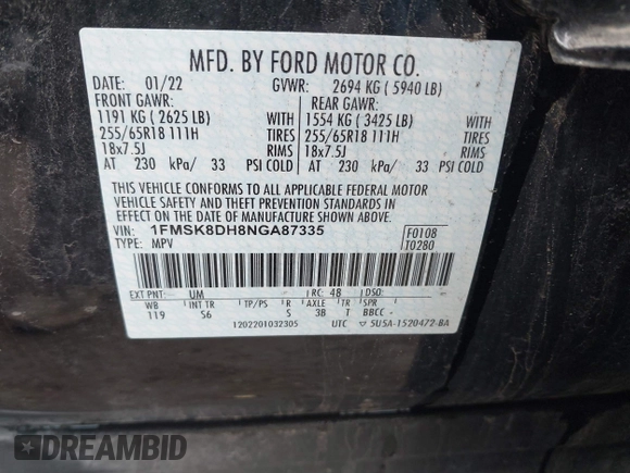 2022 Ford Explorer XLT с VIN 1FMSK8DH8NGA87335, выставлен на аукционе IAAI как лот 42396760 с пробегом 38 846 миль миль и . История ставок и продаж доступна на DreamBid. Изображение 9.