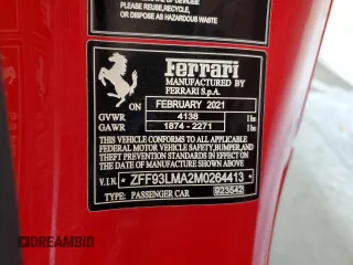 2021 Ferrari F8 с VIN ZFF93LMA2M0264413, выставлен на аукционе Copart как лот 74663374 с пробегом Не указан миль и Списание • Salvage title. История ставок и продаж доступна на DreamBid. Изображение 12.