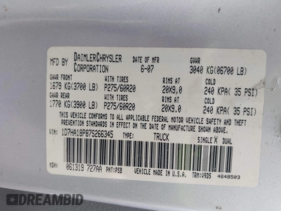 2007 Dodge 1500 SLT with VIN 1D7HA18P27S157959, listed as a IAAI auction lot 42479542 with 212,260 mi miles and . Bid and sale history available at DreamBid. Image 9.