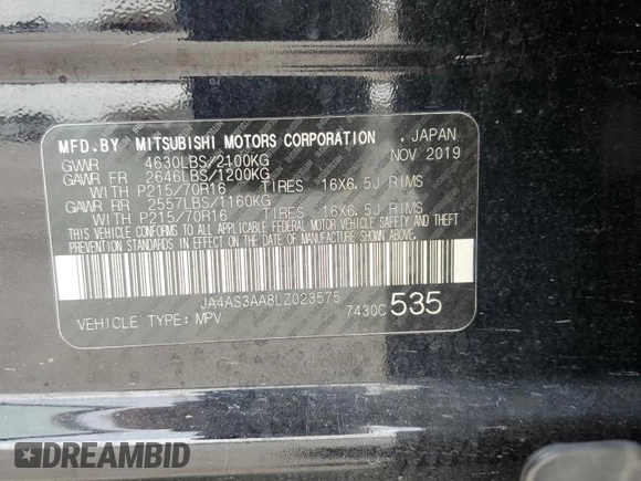 2020 Mitsubishi Eclipse Cross ES with VIN JA4AS3AA8LZ023575, listed as a Copart auction lot 59696125 with 83,297 mi miles and Non repairable. Bid and sale history available at DreamBid. Image 14.