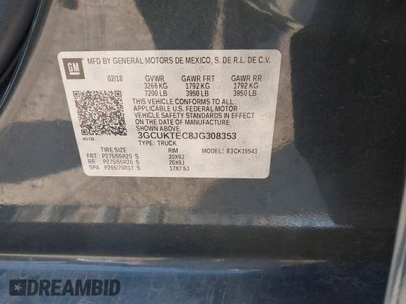 2018 Chevrolet Silverado 1500 High Country with VIN 3GCUKTEC8JG308353, listed as a IAAI auction lot 40714183 with 88,711 mi miles and . Bid and sale history available at DreamBid. Image 9.