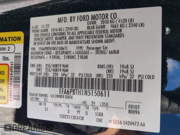 2022 Ford Mustang EcoBoost with VIN 1FA6P8TH1N5150611, listed as a IAAI auction lot 42512804 with 16,537 mi miles and . Bid and sale history available at DreamBid. Image 9.