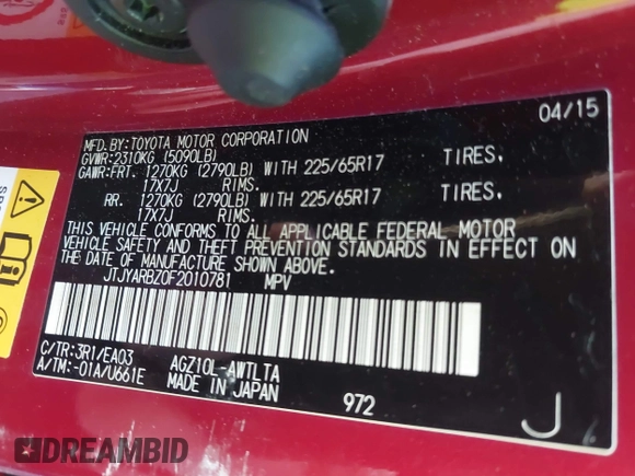 2015 Lexus NX 200t with VIN JTJYARBZ0F2010781, listed as a IAAI auction lot 42292600 with 56,933 mi miles and . Bid and sale history available at DreamBid. Image 9.