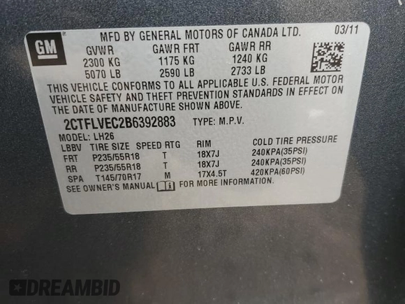 2011 GMC Terrain SLT-1 with VIN 2CTFLVEC2B6392883, listed as a Copart auction lot 52331505 with 186,855 mi miles and Salvage title. Bid and sale history available at DreamBid. Image 14.