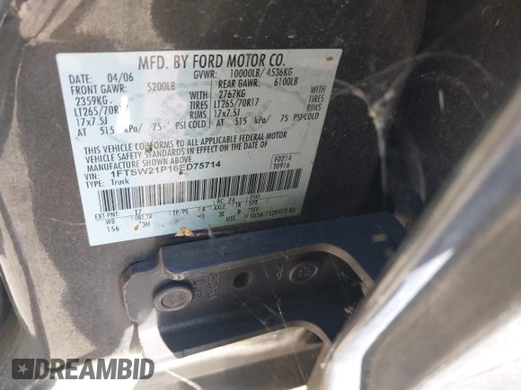2006 Ford F-250 XL z VIN 1FTSW21P16ED75714, wystawiony jako IAAI lot #42029148 z przebiegiem Nie podano mil oraz . Historia ofert i sprzedaży dostępna na DreamBid. Obrazek 9.