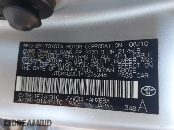 2010 Toyota Prius II with VIN JTDKN3DU4A1276248, listed as a IAAI auction lot 42088760 with 203,783 mi miles. Bid and sale history available at carsss.com. Image 9.